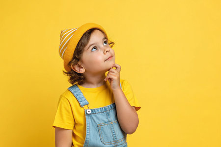 Young girl with hand on chin thoughtfully gazes upwards on yellow background.の素材