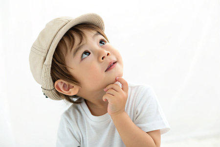 Cute child in Santa hat gazes upward with wonder against a snowy background.の素材
