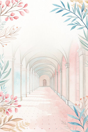 Watercolor perspective of a long corridor bordered by floral elements artworkの素材