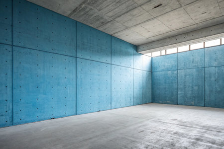 A raw, modern concrete space showcases textured blue walls and gray flooring.の素材