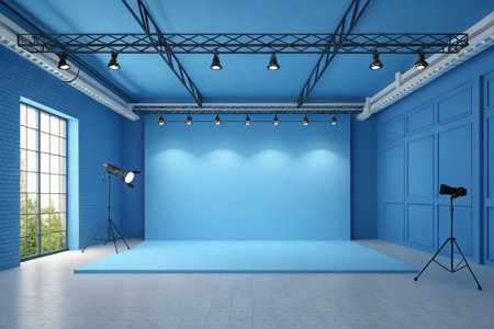 An empty blue studio space with lighting equipment ready for production.の素材