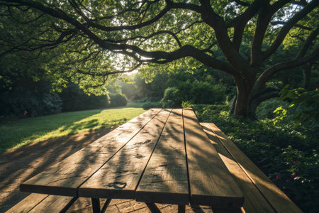 Sunlight streams through trees onto a wooden picnic table in a tranquil park.の素材