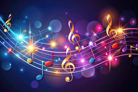 Vibrant musical notes and staves float amidst glowing orbs in bright colors.の素材