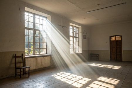 Sunlight streams through windows of an old, empty room casting shadows.の素材