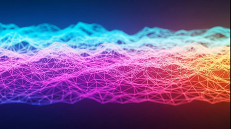 Dynamic abstract digital mesh network features a vibrant gradient from blue to orange, creating a futuristic wave patternの素材