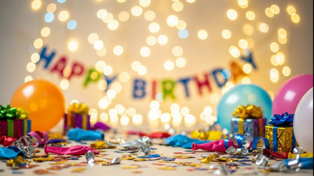 birthday background with balloons, confetti and bokeh lightsの素材
