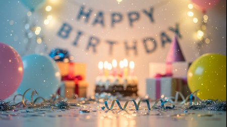 birthday cake with candles, confetti and ribbons on bokeh backgroundの素材