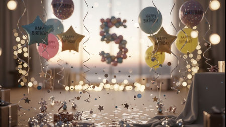 3d rendering of a birthday party with balloons, confetti and ribbonsの素材