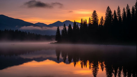 Sunrise over a lake in the Rocky Mountains of British Columbia, Canadaの素材