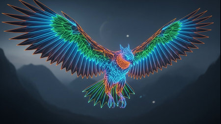 Eagle flying in the night sky. 3d rendering, 3d illustration.の素材