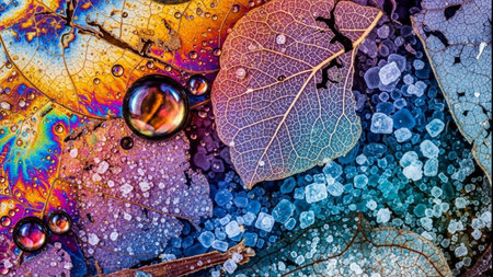 Colorful autumn leaves with water drops. Abstract background for design.の素材