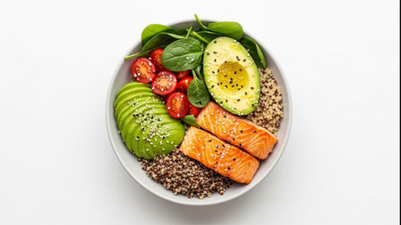 Healthy breakfast bowl with quinoa, avocado, salmon and spinachの素材