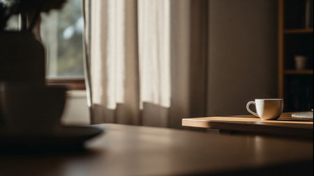 Sunlit cozy room with a wooden table, a coffee mug, and warm natural light through curtains Calm and inviting atmosphereの素材