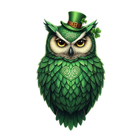 A vibrant, digitally illustrated owl dressed with a leprechaun hat, floral heart, and shamrocks, embodying festive St Patricks Day spiritの素材