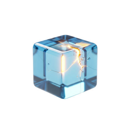 Close up of a transparent ice cube with visible cracks, electric sparks, and glowing reflections against a black backgroundの素材