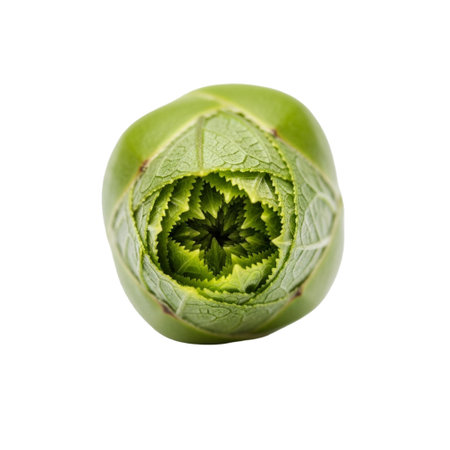 Detailed top view of a vibrant green artichoke with intricate leaf patterns against a black backgroundの素材