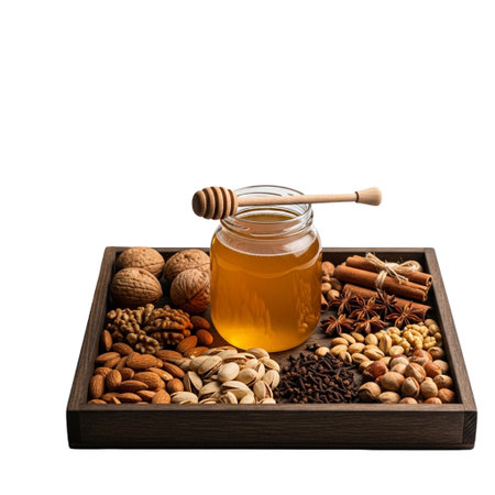 Clear jar of honey surrounded by walnuts, almonds, spices, and a honey dipper on a wooden tray against black backgroundの素材