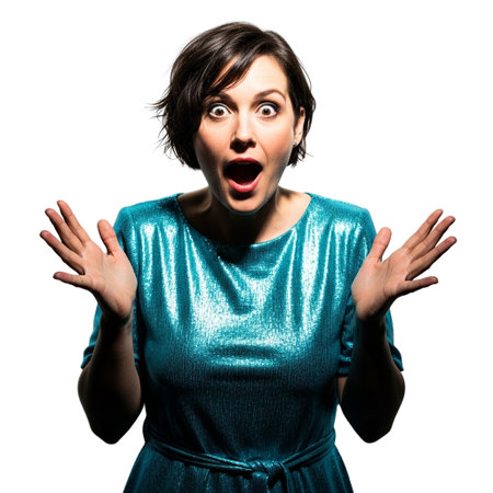 Woman with short dark hair, wide eyes, and open mouth in shock, wearing a sparkling blue dress against a black backgroundの素材