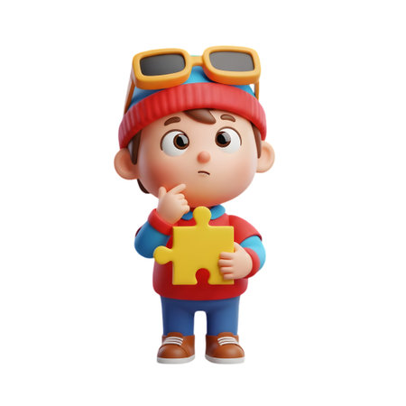 A stylized 3D cartoon boy wearing a beanie and glasses holds a puzzle piece and looks thoughtfully upwardsの素材