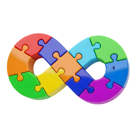 An infinity symbol constructed from brightly colored puzzle pieces, representing connection and continuous flowの素材