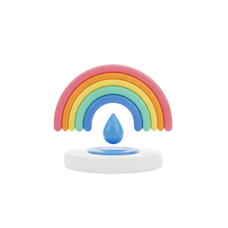 A vibrant 3D rainbow arches over a blue water drop falling onto a circular water ripple on a white pedestalの素材