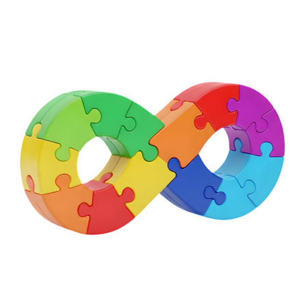 A 3D rendered infinity symbol composed of colorful puzzle pieces against a black backgroundの素材