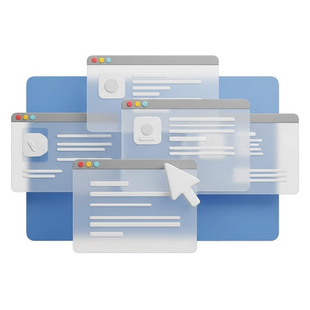 A collection of stylized 3D representations of web browser windows and a cursor, showcasing UI elements and user interface designの素材