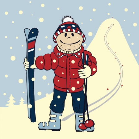 Illustration in cartoon style   skier standing on the background of high mountainsのイラスト素材