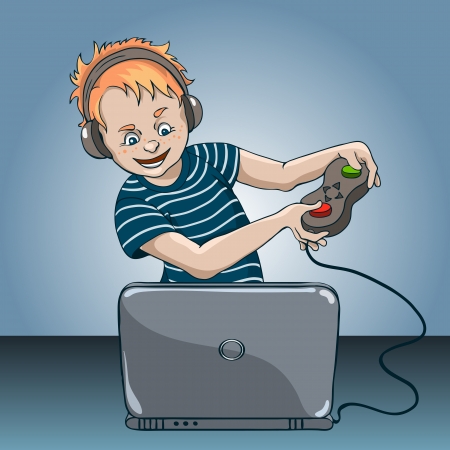 Boy enthusiastically playing a computer game on laptopのイラスト素材