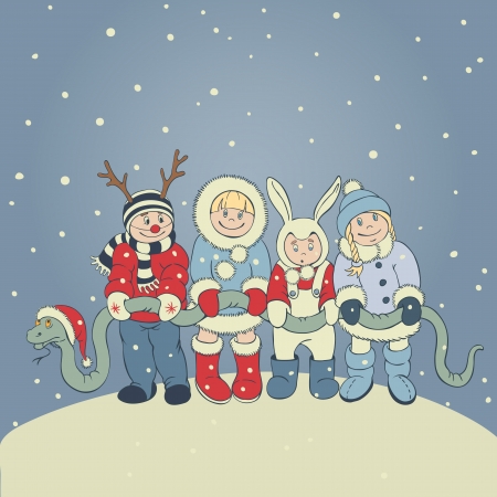 Postcard-Happy New Year Snake in the Chinese calendar  four children are holding a long snake in the hat of Santa Clausのイラスト素材