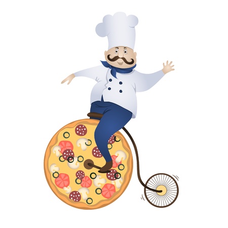 Delivery pizza chef rides a bicycle wheel which - is pizzaのイラスト素材