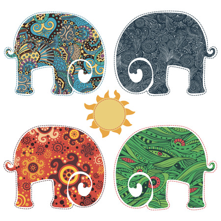 Set of four elephants, decorated with different patterns. Four seamless patterns in the file and can be been deployed separatelyのイラスト素材
