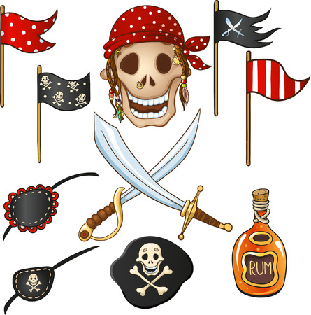 Set of bright elements in pirate style, which can be used for registration of the props for the party in pirate style, as well as for textile design, backgrounds, etc.のイラスト素材