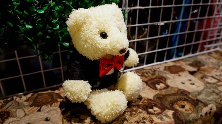 toys, yellow teddy bear are sitting on a bear texture backgroundの写真素材