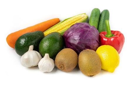 Composition with fresh fruits and vegetables isolated on white background. vegan food concept. healthy eating background.の写真素材