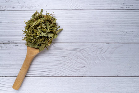 pile of dried stevia rebaudiana bertoni in wooden spoon on white wood background. Natural sweetener...