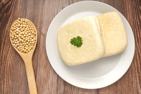 Whole fresh tofu and  soy bean. full depth of field. vegan food concept. Healthy eating