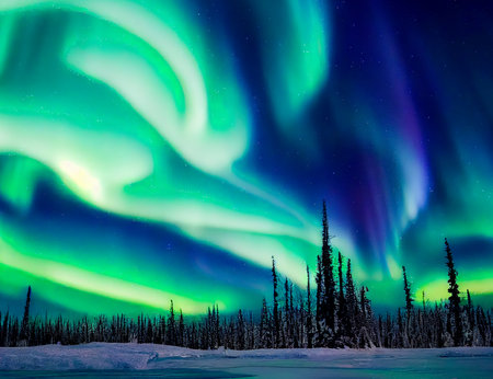 Aurora borealis on the Norway. Green northern lights above mountains. Night sky with polar lights. Night winter landscape with aurora and reflection on the water surface. Natural backの写真素材