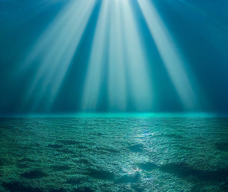 Dark blue ocean. Underwater background and undersea light rays shineの写真素材