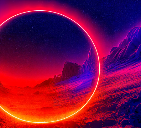 Abstract cosmic vibrant color circle backdrop. glowing neon lighting on dark background with copy...