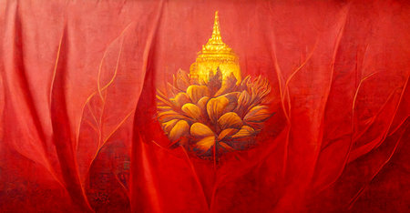 Golden flower on red background. Thai paint. thai art. antique thailand background. thai pattern. 3D Renderingの写真素材