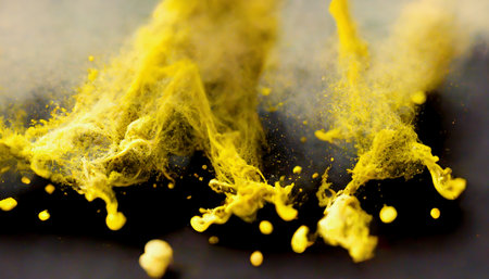 Yellow color powder explosion on black background. Explosion of yellow powder. 3D Renderingの写真素材