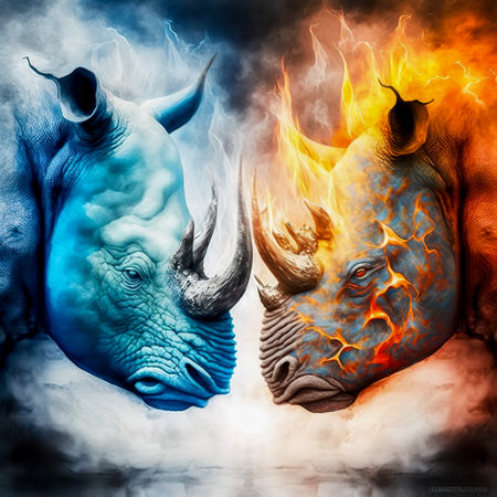 animal fighting. Abstract Fire and Ice element against. Heat and Cold concept. 3d illustration.の写真素材