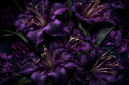 multi color blooming lilly flowers. nature background. branches with flowers and leaves, buds....