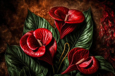 Anthurium flowers. anthurium plants blooming. Anthurium is a heart-shaped flower. The flower is often used at weddings in Hawaii and other pacific islands. Generative AIの写真素材