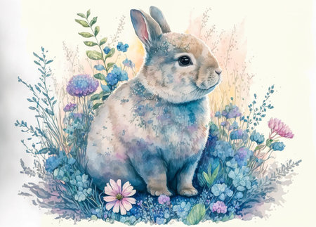 Cute Bunny rabbit painted with watercolor. Watercolor Illustration. Generative AIの写真素材