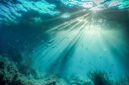 Dark blue ocean surface seen from underwater. Abstract waves underwater and rays of sunlight shining through. Generative AIの写真素材