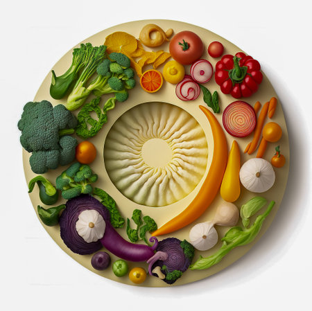 Round frame of bright and colorful fruits and vegetables isolated on white background. Vegetarian, vegan, detox and clean eating concept. Generative AIの写真素材