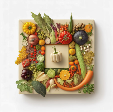 square shape by various vegetables and fruits. Healthy food concept. Isolated on white background. Generative AIの写真素材