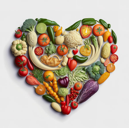 Heart shape by various vegetables and fruits. Healthy food concept. Isolated on white background. Generative AIの写真素材